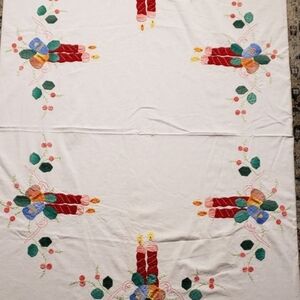 Vintage 64"x84" Rectangle Festive Hand Embroidered Applique Tablecloth & Napkins